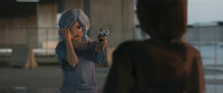 2girls absurdres aiming blurry blurry_background blurry_foreground bra_strap collarbone commentary crying crying_with_eyes_open english_commentary faiz_azhar gun highres holding holding_gun holding_weapon long_hair multiple_girls one_eye_closed open_mouth original outdoors shirt short_sleeves tears upper_body weapon weapon_request white_hair white_shirt wiping_tears
