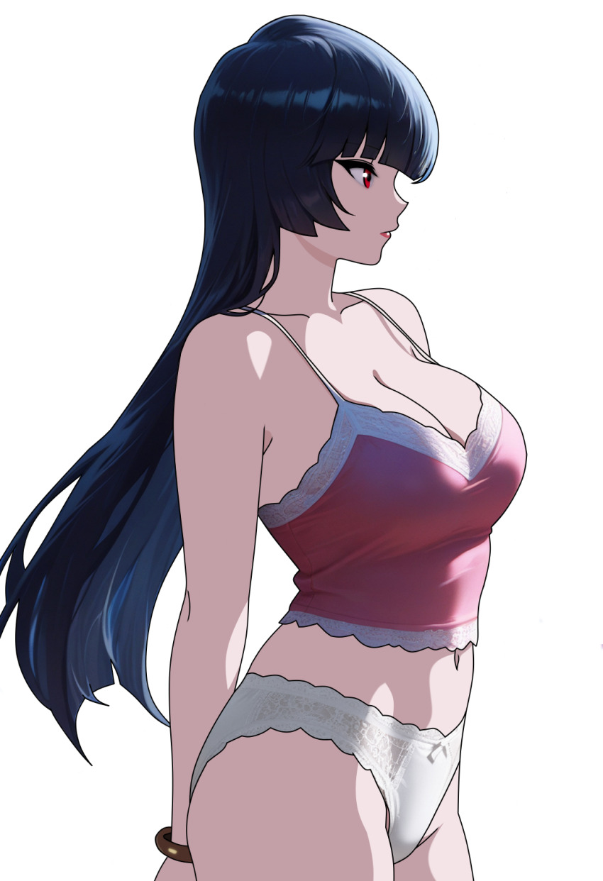 1girl bare_arms black_hair blue_hair blunt_bangs bra breasts cleavage collarbone creatures_(company) devil_jone_qrit from_side game_freak highres large_breasts long_hair midriff navel nintendo panties pink_bra pokemon pokemon_frlg red_eyes sabrina_(pokemon) solo transparent underwear white_panties