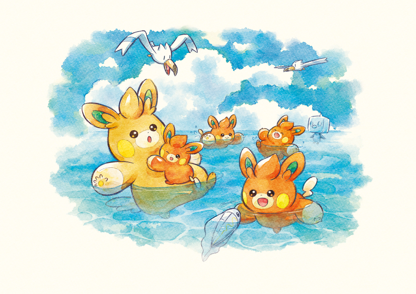 :d :o ^_^ afloat closed_eyes cloud commentary_request day eiscue eiscue_(ice) gen_3_pokemon gen_5_pokemon gen_8_pokemon highres nintendo no_humans official_art open_mouth outdoors pawmi pawmo pokemon pokemon_(creature) sky smile swimming tynamo water wingull