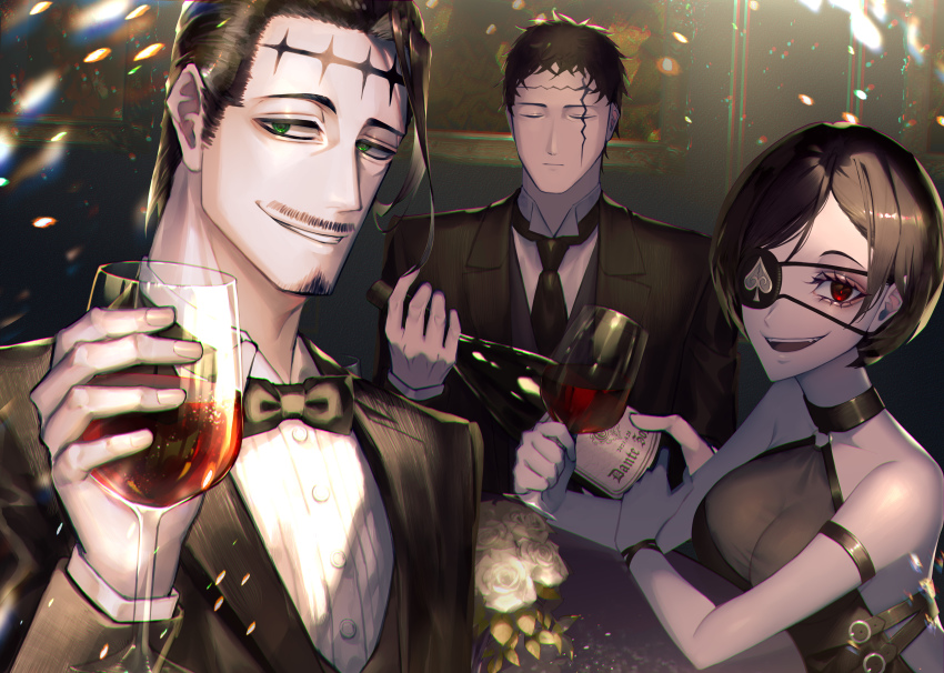 1girl 2boys absurdres black_clover black_hair black_suit blouse blurry bow bowtie breasts cleavage cup dante_zogratis depth_of_field drinking_glass eyepatch formal_clothes frit_2 highres insignia looking_at_viewer multiple_boys parted_bangs red_eyes shirt smile suit traditional_bowtie vanica_zogratis white_shirt wine_glass zenon_zogratis