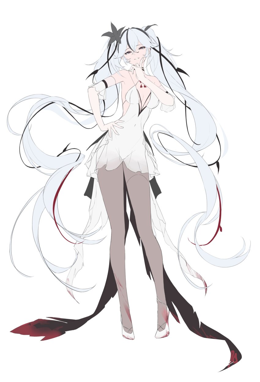 1girl absurdres alternate_costume bare_shoulders black_eyes black_flower breasts camellya_(wuthering_waves) dress flower full_body grey_pantyhose hair_between_eyes hair_flower hair_ornament hand_on_own_hip high_heels highres large_breasts long_hair looking_at_viewer pantyhose parted_lips red_pupils simple_background sketch smile solo twintails very_long_hair white_background white_dress white_hair wuthering_waves youngjoo_kjy
