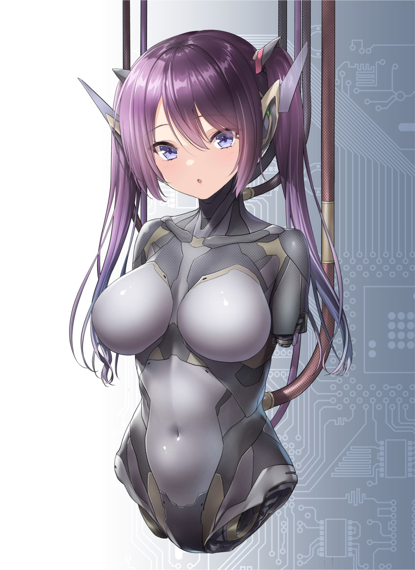 1girl :o amputee android body_(bacoborn) breasts collarbone hair_between_eyes hair_ornament highres large_breasts limbless maintenance mechabare navel original purple_eyes purple_hair quadruple_amputee robot_ears solo twintails
