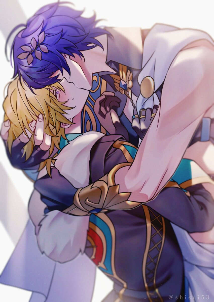2boys aventurine_(honkai:_star_rail) blue_hair blush cleavage_cutout clothing_cutout coat collared_shirt dr._ratio_(honkai:_star_rail) fur_scarf gloves hand_in_own_hair highres honkai:_star_rail honkai_(series) jewelry kiss male_focus multiple_boys muscular muscular_male purple_eyes ring shirt shisui53 yaoi