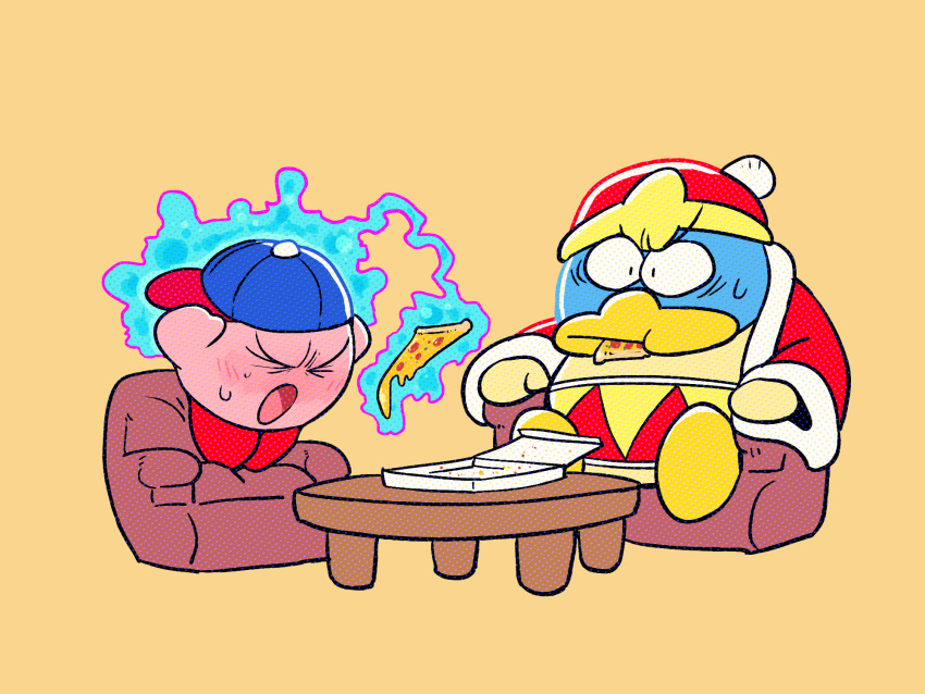 backwards_hat baseball_cap ben-day_dots blue_headwear chair closed_eyes coat commentary copy_ability esp_kirby food hat highres king_dedede kirby kirby_(series) man_levitating_pizza_(meme) meme nintendo pizza pizza_box rariatto_(ganguri) red_coat red_headwear screentones sitting sweat table telekinesis