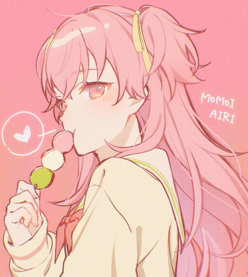 1girl bad_id bad_twitter_id character_name dango food food_in_mouth hand_up heart highres holding holding_food long_hair long_sleeves looking_at_viewer miyamasuzaka_girls&#039;_academy_school_uniform momoi_airi mznk_81 neckerchief pink_background pink_eyes pink_hair project_sekai red_neckerchief ribbon school_uniform short_twintails solo twintails upper_body wagashi yellow_ribbon