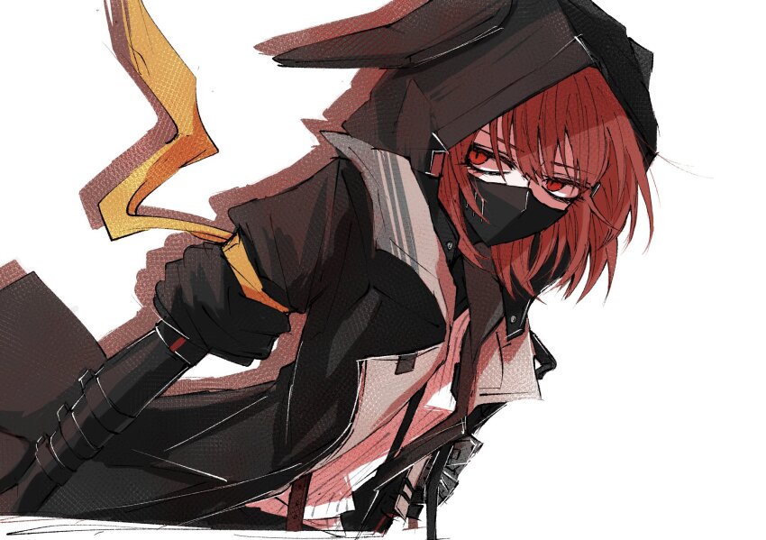1girl aizettonagi arknights armband black_jacket covered_mouth crownslayer_(arknights) drop_shadow hair_between_eyes highres hood hood_up hooded_jacket jacket looking_at_viewer mask mouth_mask ninja_mask open_clothes open_jacket red_eyes red_hair shirt short_hair simple_background solo white_background white_shirt yellow_armband