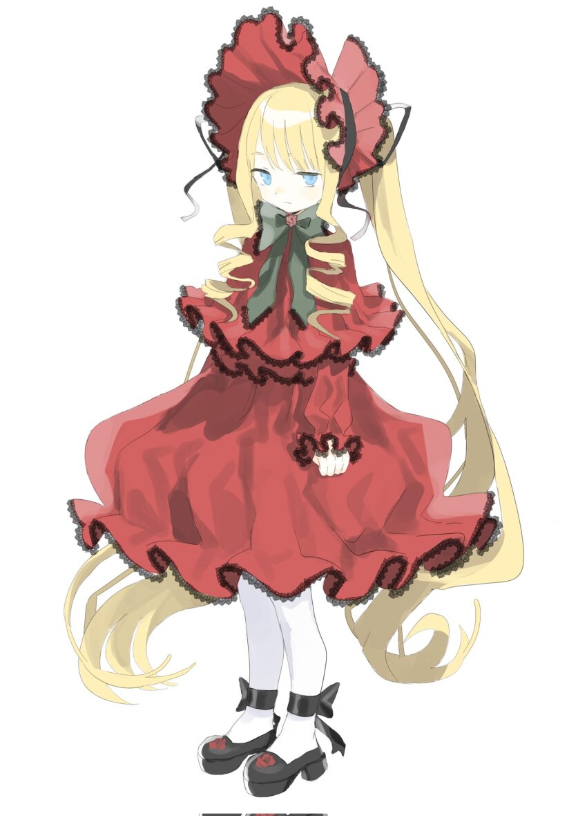 1984_(cw1000110) 1girl black_shoes blonde_hair blue_eyes bonnet bow brooch capelet closed_mouth dress expressionless flower flower_brooch full_body green_bow highres long_hair long_sleeves looking_at_viewer pantyhose platform_shoes red_capelet red_dress rose rozen_maiden shinku shoes simple_background solo standing twintails very_long_hair white_background white_pantyhose