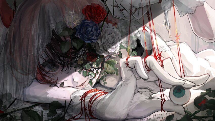 1girl absurdres animal_ear_fluff animal_ears black_hair blue_eyes blue_flower blue_rose blurry_eyes bracelet bridal_veil commentary cracked_skin detached_arm disembodied_eye doll_joints dress eyeball flower flower_over_eye gloves hakos_baelz head_on_arm highres holding holding_eyeball hololive hololive_english jewelry joints key leaf mouse_ears multicolored_hair paper puppet_strings red_flower red_rose rose smile spiked_bracelet spikes string_around_finger string_around_wrist toro3 veil virtual_youtuber wedding_dress white_flower white_gloves white_hair white_rose yellow_flower yellow_rose