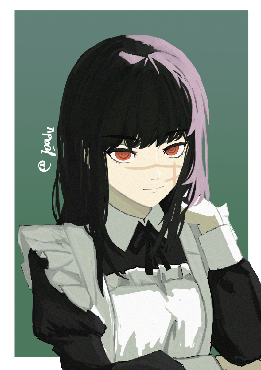 1girl absurdres alternate_costume apron black_dress black_hair chainsaw_man dress enmaided facial_scar highres joadv long_hair maid maid_apron red_eyes ringed_eyes scar scar_on_cheek scar_on_face scar_on_nose solo white_apron yoru_(chainsaw_man)