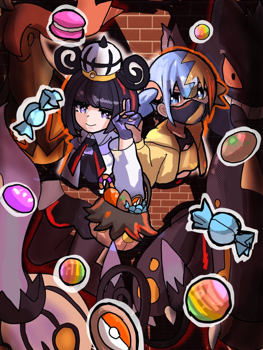 2girls absurdres bandeau basket bisque_dog black_dress black_pantyhose blonde_hair blue_hair blunt_bangs bob_cut brick_wall canari_(pokemon) candy candy_cane chandelure closed_mouth coat crop_top dress eelektross food gen_1_pokemon gen_5_pokemon gen_6_pokemon gengar gloves gourgeist gwynn_(pokemon) hair_between_eyes halloween hat highres holding holding_basket holding_hands jacket long_sleeves looking_at_viewer macaron mask mouth_mask multicolored_hair multiple_girls nintendo open_clothes open_coat open_jacket pantyhose partially_fingerless_gloves pokemon pokemon_(creature) pokemon_legends:_z-a purple_eyes purple_gloves purple_hair short_hair split-color_hair telekinesis through_wall two-tone_hair white_coat yellow_jacket