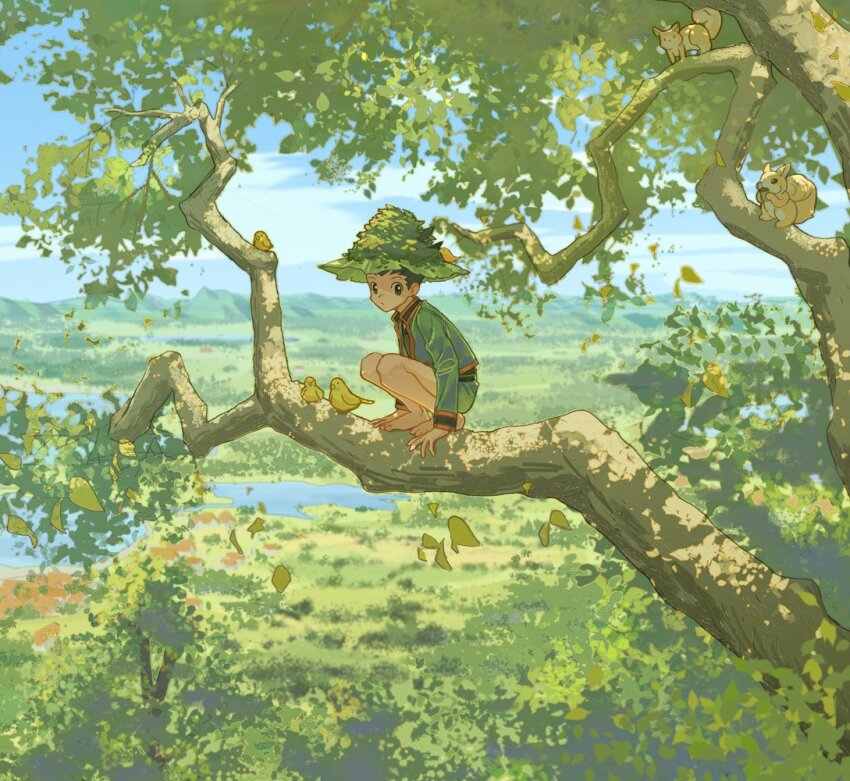 1boy animal barefoot bird black_hair blue_sky branch child closed_mouth commentary day gon_freecss goodkids_1 green_jacket green_shorts hat hunter_x_hunter in_tree jacket leaf long_sleeves looking_at_viewer male_focus nature outdoors shorts sky squatting squirrel symbol-only_commentary tree