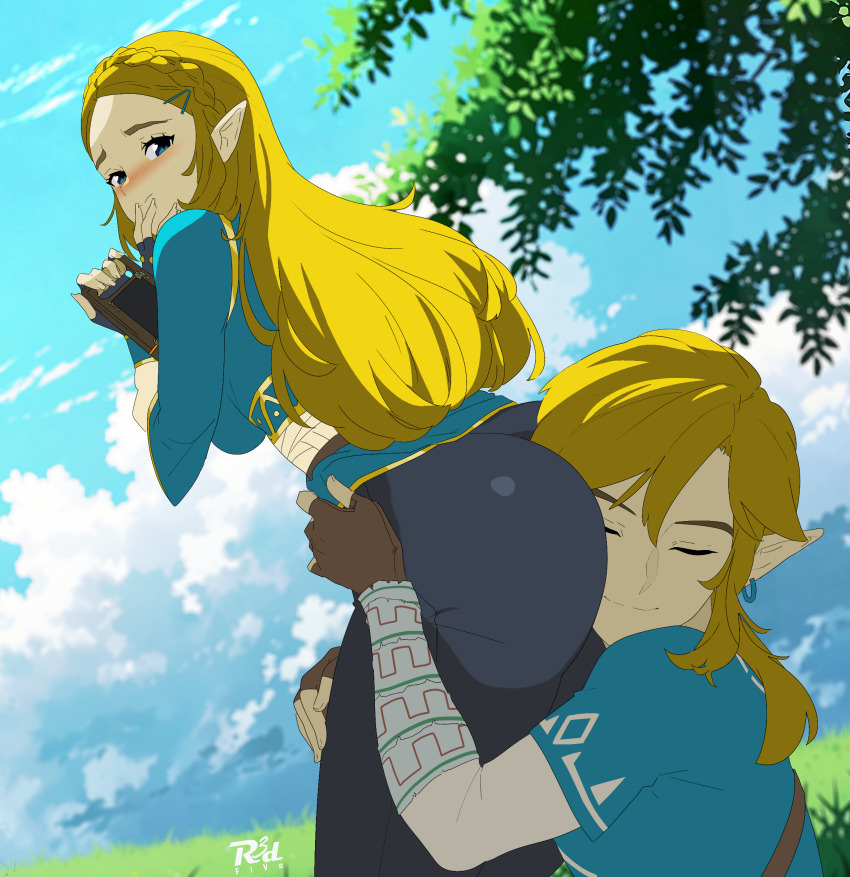 1boy 1girl absurdres ass blonde_hair blush breasts embarrassed face_in_ass fingerless_gloves gloves green_eyes half_updo highres hug large_breasts leaning leaning_forward link long_hair looking_back looking_down nintendo pants pointy_ears princess_zelda r3dfive sideboob smile the_legend_of_zelda the_legend_of_zelda:_breath_of_the_wild tight_clothes tight_pants very_long_hair
