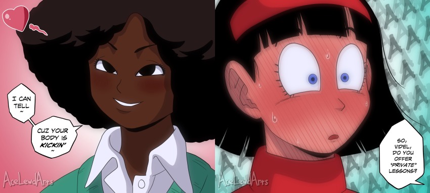 2girls acelewdarts afro blue_eyes blush dark-skinned_female dark_skin dragon_ball dragonball_z dress english_text flirting flustered hairband heart janet_(dragon_ball) multiple_girls nervous_sweating parent:11857624 shocked_pupils smile speech_bubble sweat sweater videl yuri