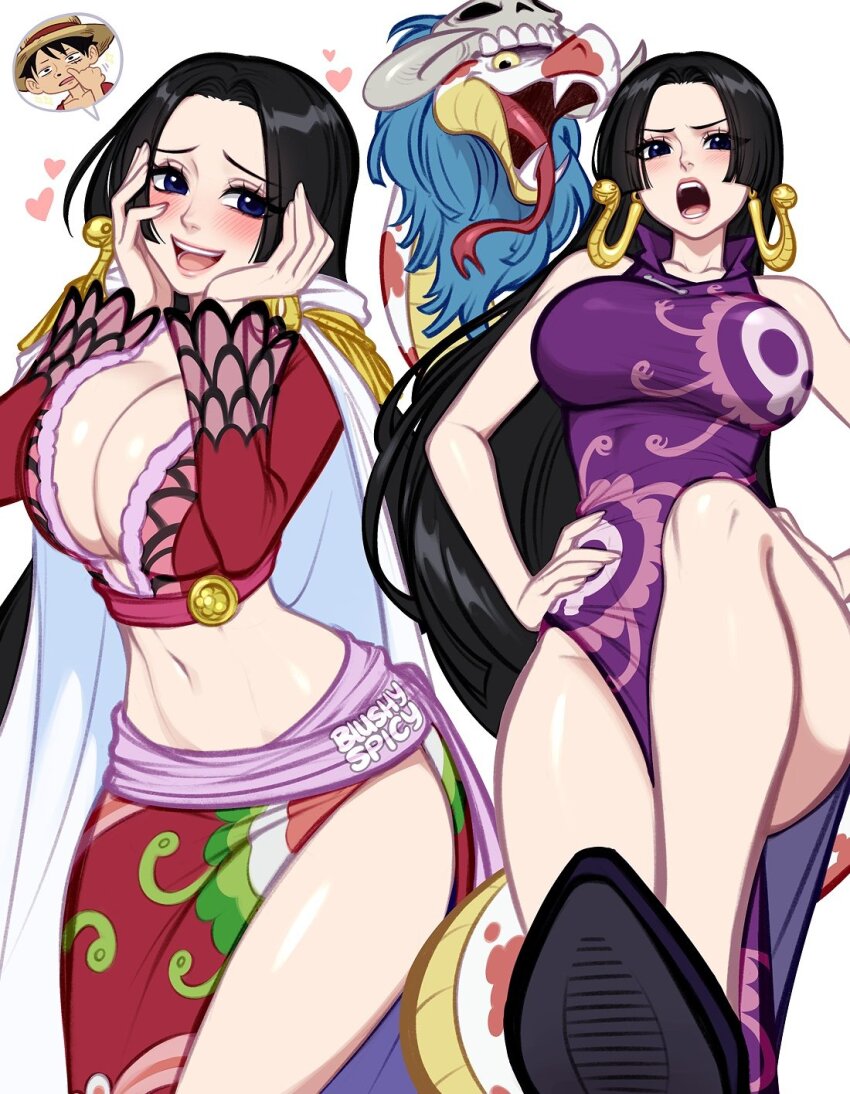 1girl black_hair blue_eyes blush blushyspicy boa_hancock breasts cleavage commentary crop_top dress earrings english_commentary epaulettes hands_on_own_cheeks hands_on_own_face heart highres image_in_speech_bubble jewelry large_breasts long_hair looking_at_viewer monkey_d._luffy multiple_views navel one_piece open_mouth purple_dress salome_(one_piece) snake_earrings speech_bubble very_long_hair
