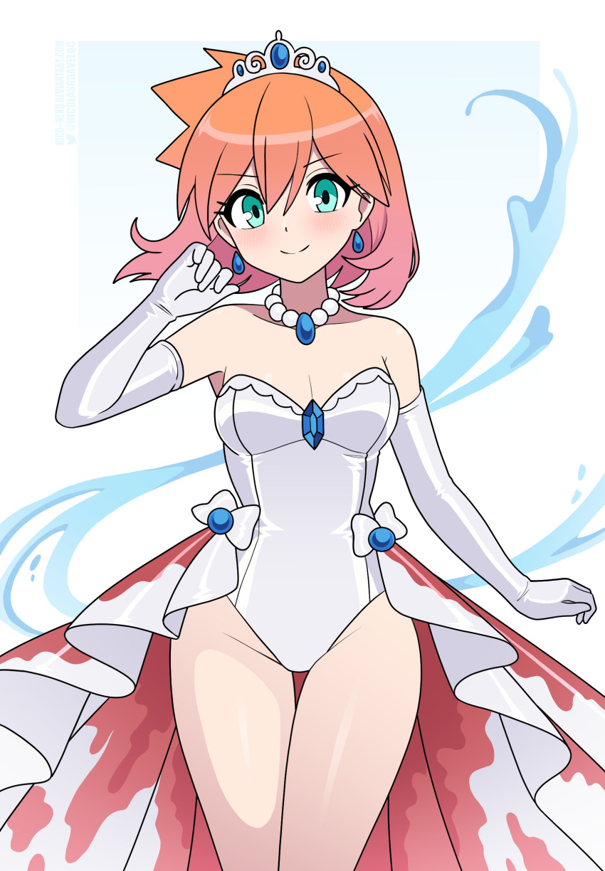 1girl absurdres alternate_costume bare_shoulders blush breasts cosplay cowboy_shot elbow_gloves game_freak gen_1_pokemon gloves goldeen goldeen_(cosplay) highres leotard looking_at_viewer misty_(pokemon) nico-neko nintendo orange_hair pokemon pokemon_(anime) pokemon_(classic_anime) pokemon_hgss short_hair showgirl_skirt smile strapless strapless_leotard tiara white_leotard