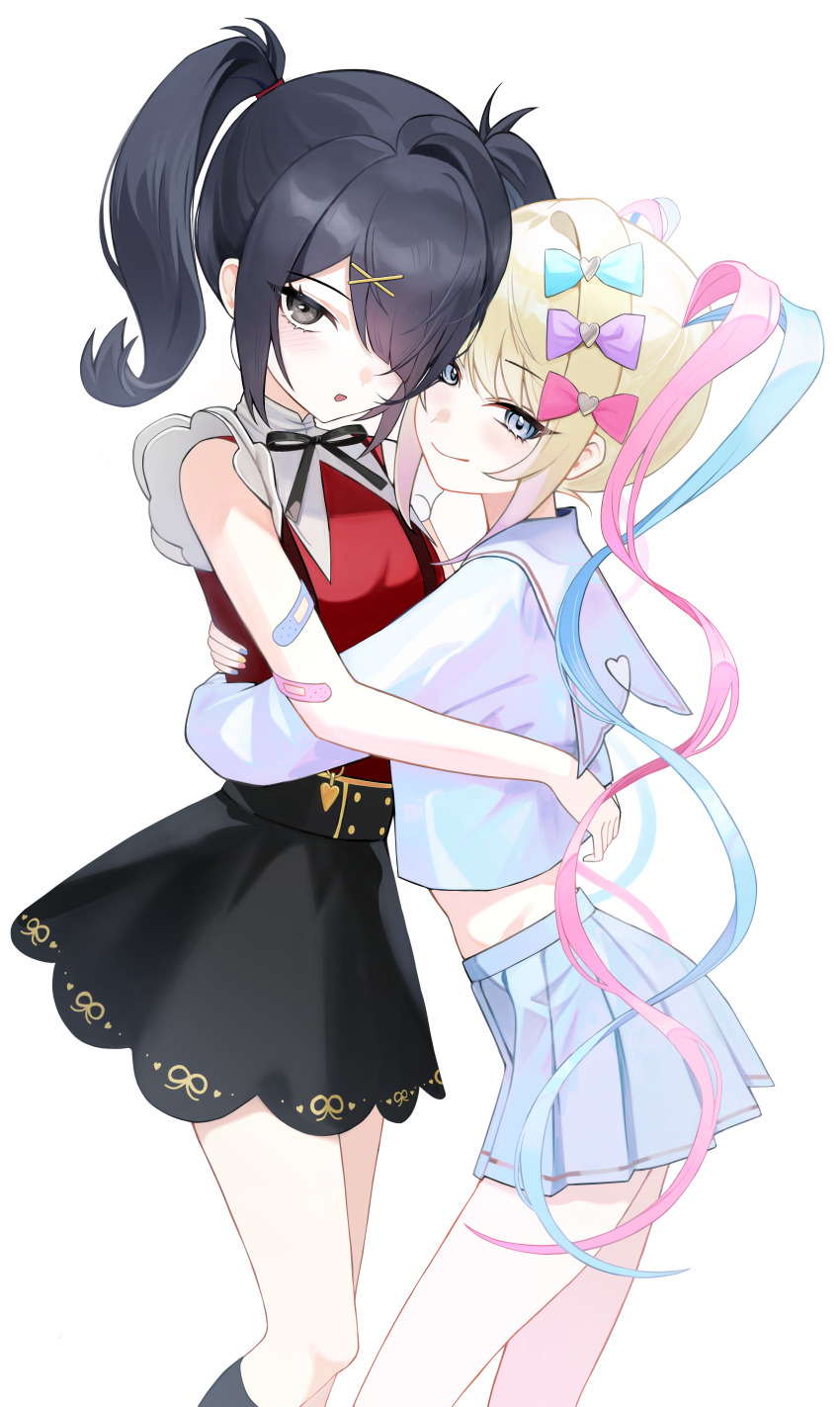 2girls absurdres ame-chan_(needy_girl_overdose) bandaid bandaid_on_arm black_eyes black_hair black_ribbon black_skirt blonde_hair blue_bow blue_eyes blue_hair blue_serafuku blue_shirt blue_skirt bow chouzetsusaikawa_tenshi-chan closed_mouth drill_hair dual_persona hair_bow hair_ornament hair_over_one_eye highres hug long_hair long_sleeves looking_at_viewer midriff multicolored_hair multiple_girls multiple_hair_bows navy_bean_(water1402) neck_ribbon needy_girl_overdose open_mouth pink_bow pink_hair pleated_skirt purple_bow red_shirt ribbon school_uniform serafuku shirt simple_background skirt smile suspender_skirt suspenders twin_drills twintails very_long_hair white_background x_hair_ornament