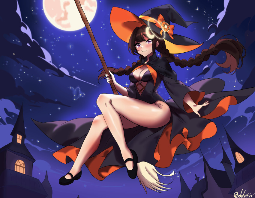 1girl addstir astricalex bare_legs black_cloak black_leotard black_shoes blush bow braid breasts broom brown_hair cleavage cloak cloud constellation crescent crescent_moon cross-laced_clothes full_body full_moon halloween halo hat hat_ribbon highres holding holding_broom indie_virtual_youtuber leotard long_hair long_sleeves mary_janes medium_breasts moon night night_sky non-web_source orange_bow orange_ribbon outdoors ribbon sagittarius_(constellation) self-upload shoes signature sky smile solo star_(sky) starry_sky twin_braids witch witch_hat