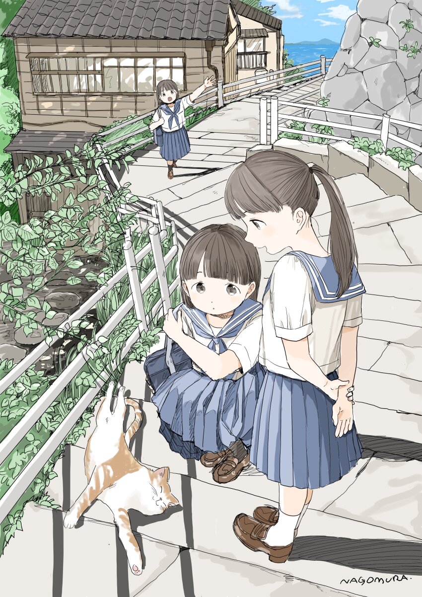 3girls absurdres animal ankle_socks artist_name bag blue_sailor_collar blue_skirt blue_sky blush brown_hair cat closed_mouth cloud cloudy_sky day dot_mouth dot_nose grey_eyes highres house kneeling loafers long_hair lying multiple_girls nagomurasan on_side open_mouth original outdoors ponytail running sailor_collar school_bag school_uniform serafuku shirt shoes short_hair signature skirt sky socks stairs standing vegetation white_shirt white_socks