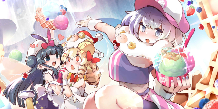 3girls alternate_headwear bike_shorts blonde_hair blue_eyes blue_hair blueberry blurry blush bow newsboy_cap commentary depth_of_field drill_hair employee_uniform english_commentary fairy fairy_wings fast_food_uniform food food_request fruit fur_scarf game_cg gloves hair_bow hat heart highres holding_hands ice_cream interlocked_fingers leg_up letty_whiterock letty_whiterock_(the_fairies&#039;_big_sis) long_hair looking_at_viewer luna_child multicolored_shirt multicolored_skirt multiple_girls necktie official_art open_mouth pink_shirt pink_skirt purple_eyes purple_hair purple_nails purple_necktie purple_shirt red_bow red_gloves sayakata_katsumi shirt skirt smile sparkle star_(symbol) star_print star_sapphire strawberry striped_clothes striped_shirt striped_skirt sweatdrop teeth third-party_source touhou touhou_lostword upper_teeth_only very_long_hair waffle white_hat white_shirt white_skirt wings