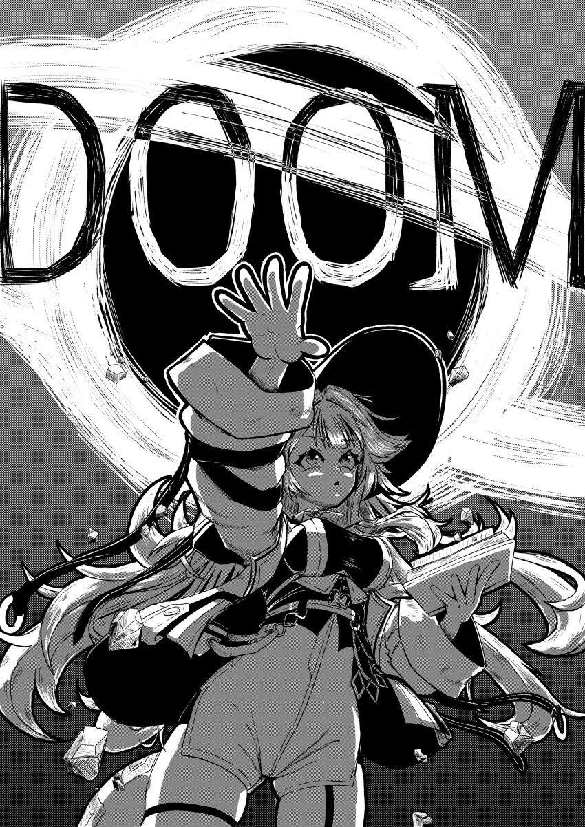 1girl absurdres black_hole book breasts english_text eyelashes fettuccinebro greyscale hashtag-only_commentary high-waist_shorts highres holding holding_book hololive hololive_english jacket long_hair long_sleeves mage_arena monochrome open_clothes open_jacket open_mouth outstretched_arm raora_panthera shirt shorts solo virtual_youtuber