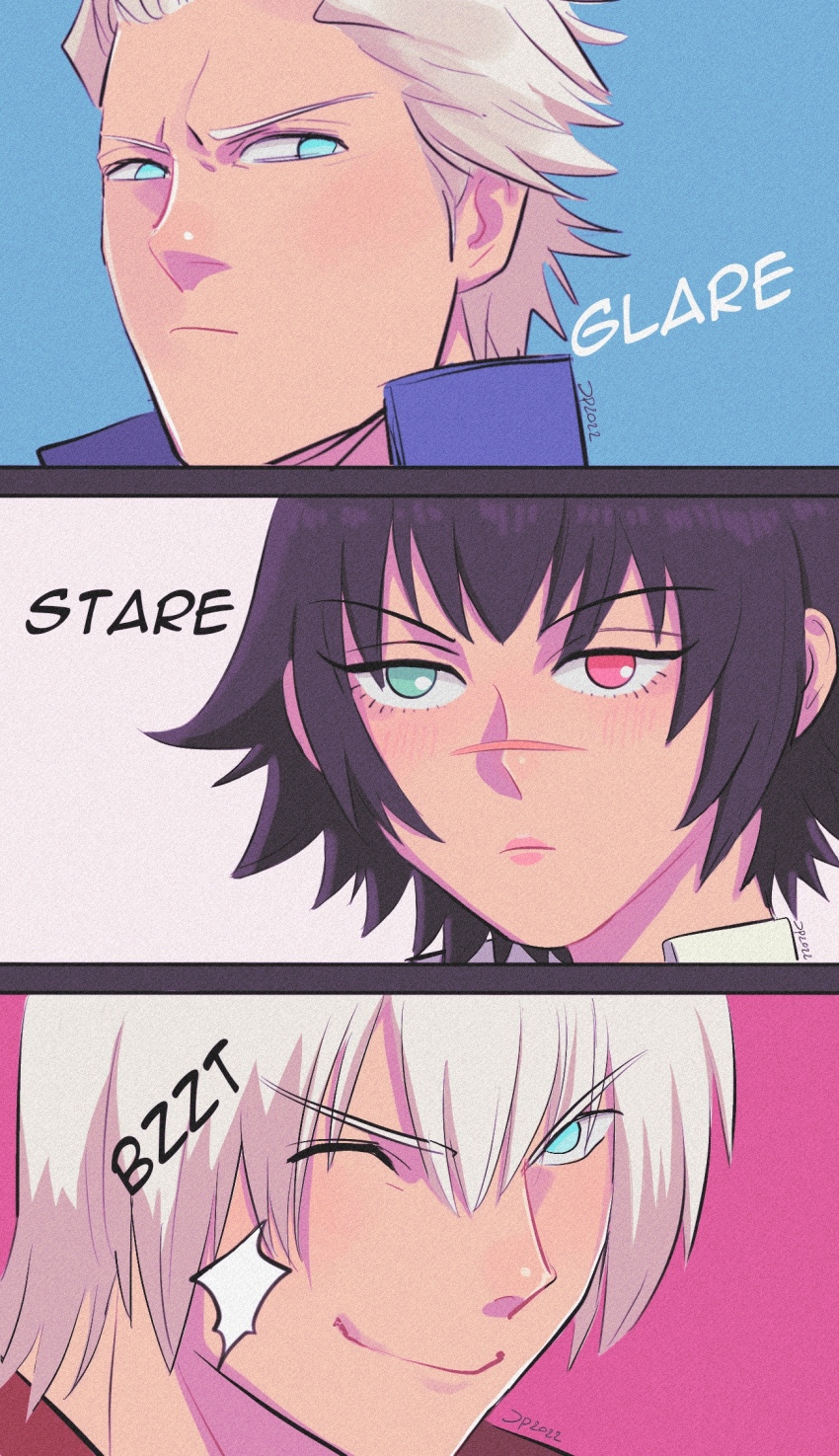 1girl 2boys black_hair blue_eyes dante_(devil_may_cry) devil_may_cry devil_may_cry_(series) devil_may_cry_3 green_eyes heterochromia highres jumpoon lady_(devil_may_cry) multiple_boys one_eye_closed red_eyes scar scar_on_face scar_on_nose signature smile vergil_(devil_may_cry) white_hair