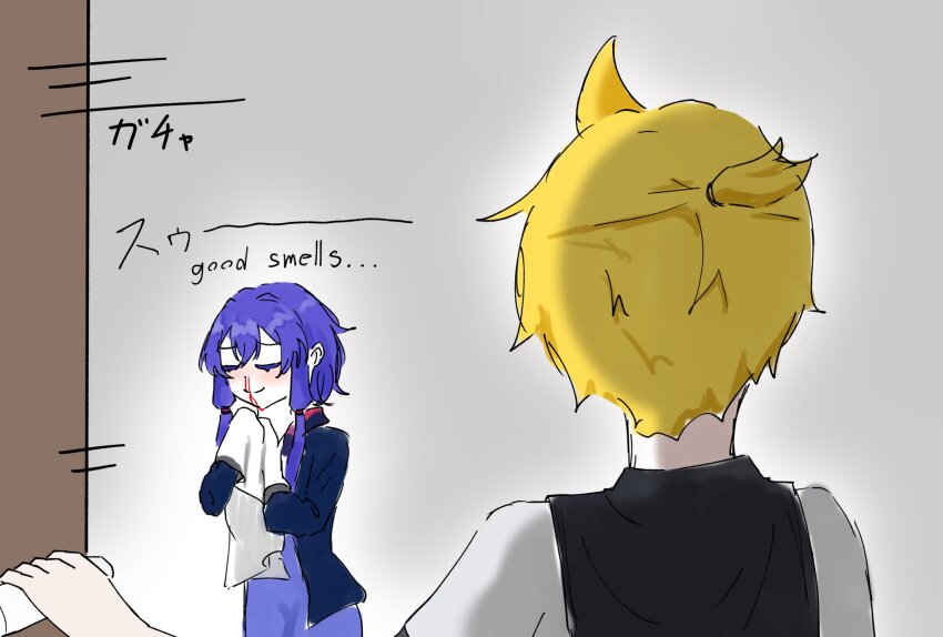 1boy 1girl blood female_pervert highres kagamine_len nosebleed odaibako pervert smelling smelling_clothes yuzuki_yukari