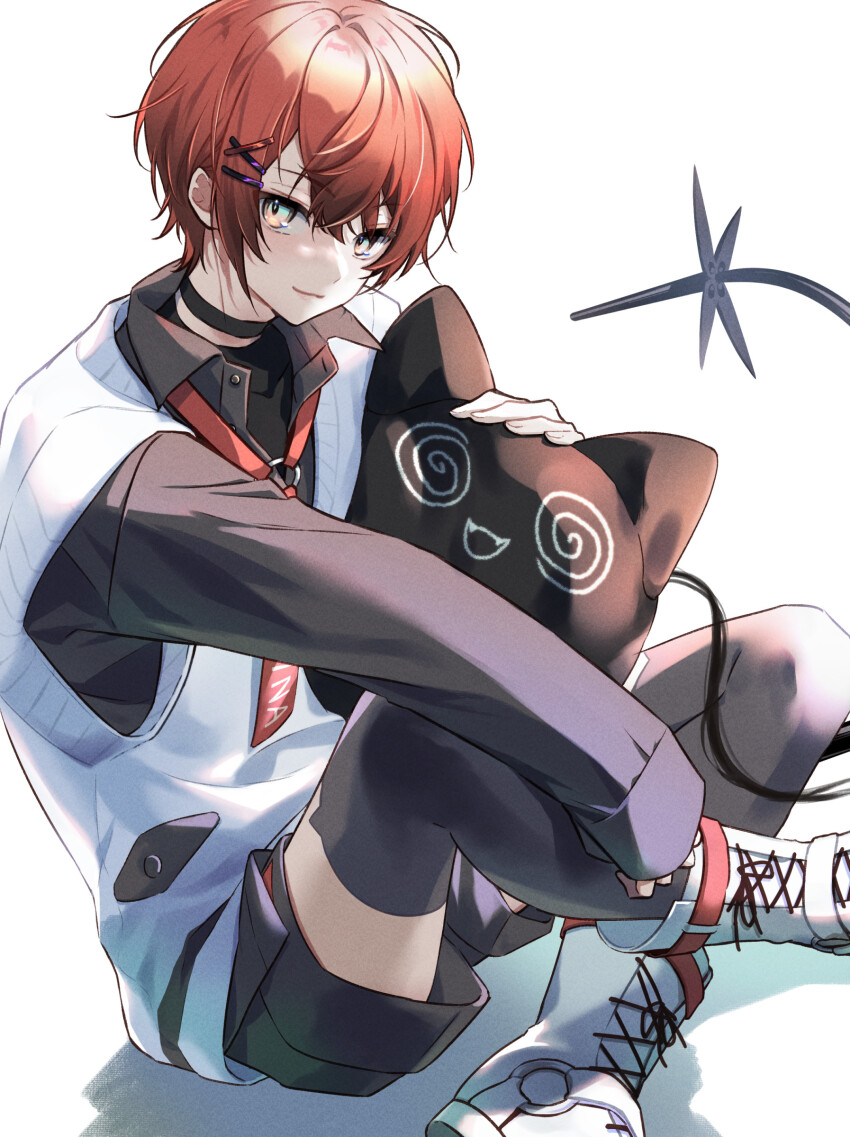 1boy @_@ absurdres black_hair black_shorts black_thighhighs boots choker collared_shirt creature crossed_legs full_body grey_shirt hair_between_eyes highres holostars holostars_english light_smile long_sleeves looking_at_viewer luma8b machina_x_flayon machina_x_flayon_(2nd_costume) machiroon_(machina_x_flayon) male_focus mechanical_tail multicolored_hair red_hair shirt short_hair shorts sidelighting sitting sleeves_past_wrists solo sweater_vest tail thighhighs two-tone_hair white_background white_boots