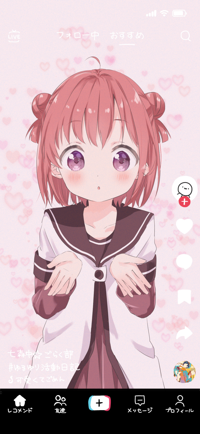 1girl absurdres ahoge akaza_akari black_sailor_collar blush collarbone double_bun dress fake_phone_screenshot fake_screenshot hair_bun heart heart_background highres kawaikute_gomen_(honeyworks) layered_sleeves long_sleeves looking_at_viewer mearian namori_(character) nanamori_school_uniform open_hands parted_lips pink_background pleated_dress purple_eyes red_dress red_hair sailor_collar school_uniform shirt short_over_long_sleeves short_sleeves solo tiktok upper_body white_shirt yuruyuri