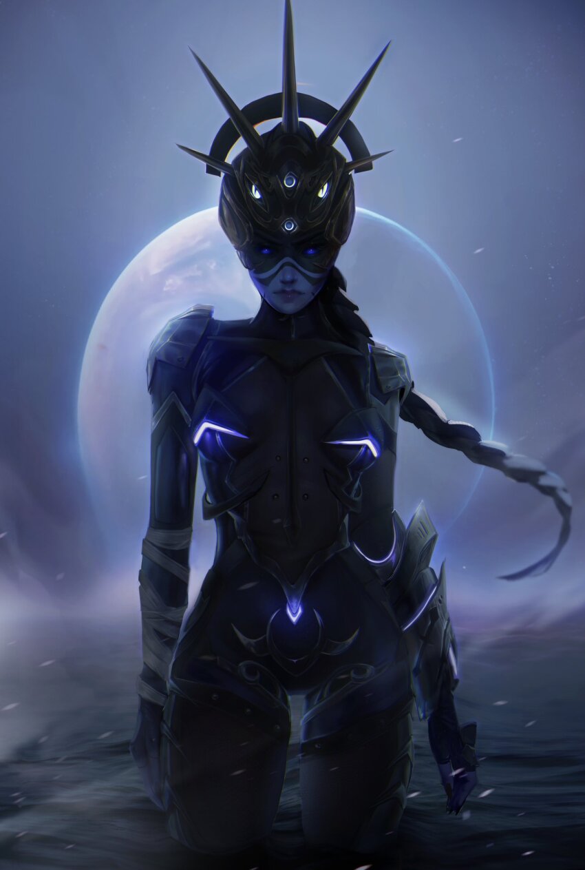 arm_armor bandaged_arm bandages bellsadonnaaaa blue_eyes blue_hair bodysuit breasts colored_skin commentary english_commentary glowing glowing_eyes head-mounted_display highres kneeling light_particles long_braid long_hair looking_at_viewer on_ground overwatch planet purple_skin small_breasts solo widowmaker_(overwatch)