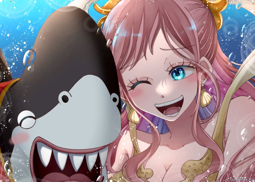 1girl bikini blue_eyes blush earrings eyelashes fish_hair_ornament guardian_1132 hagoromo hair_ornament highres jewelry megalo mermaid monster_girl one_eye_closed one_piece open_mouth pink_hair shark sharp_teeth shawl shell shell_earrings shirahoshi sidelocks smile swept_bangs swimsuit teeth underwater yellow_bikini