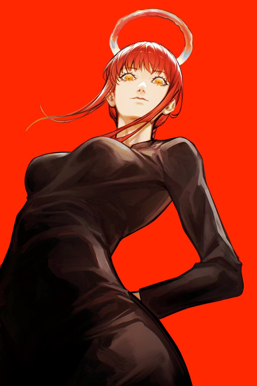 1girl black_dress blood blood_halo braid chainsaw_man deka_yo dress from_below halo highres liquid_halo looking_at_viewer looking_down makima_(chainsaw_man) red_background red_hair simple_background solo standing taut_clothes taut_dress yellow_eyes