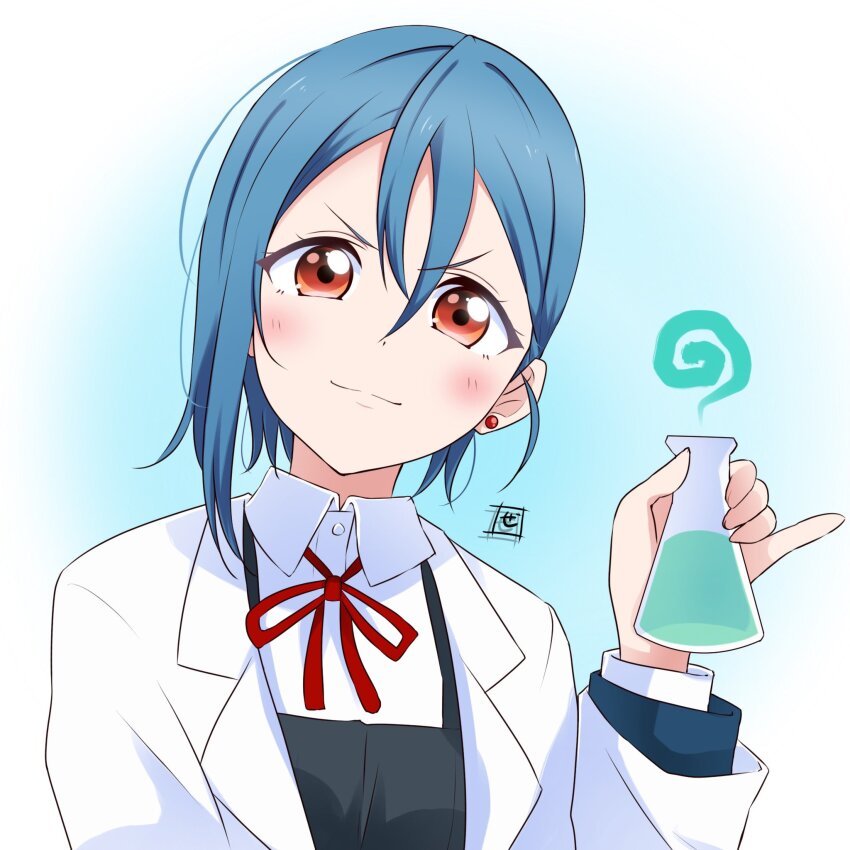 1girl blue_hair blush bow bowtie coat commentary dress earrings erlenmeyer_flask flask gradient_background grey_dress hair_between_eyes hand_up hashtag-only_commentary highres holding holding_flask jewelry lab_coat long_sleeves looking_at_viewer love_live! love_live!_superstar!! radial_gradient_background red_bow red_bowtie red_eyes revision shirt single_sidelock smile smoke solo stud_earrings upper_body v-shaped_eyebrows wakana_shiki white_background white_coat white_shirt wing_collar zero-theme