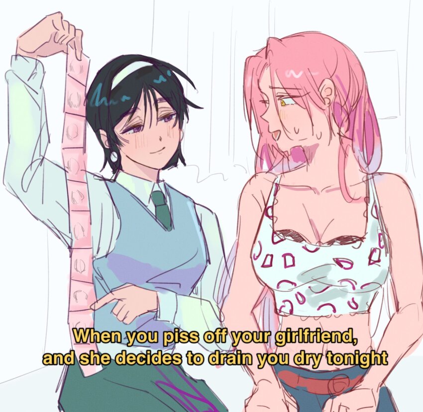 2girls alien_stage animal_print aqua_necktie black_hair blue_vest breasts cleavage collared_shirt commentary condom crop_top earrings english_commentary english_text hairband highres holding holding_condom implied_futanari jewelry large_breasts leopard_print long_hair long_sleeves mizi_(alien_stage) multiple_girls necktie pearl_earrings pink_hair purple_eyes shirt short_hair sitting smile sua_(alien_stage) sweat tank_top the_quipper vest white_hairband white_shirt white_tank_top yellow_eyes yuri