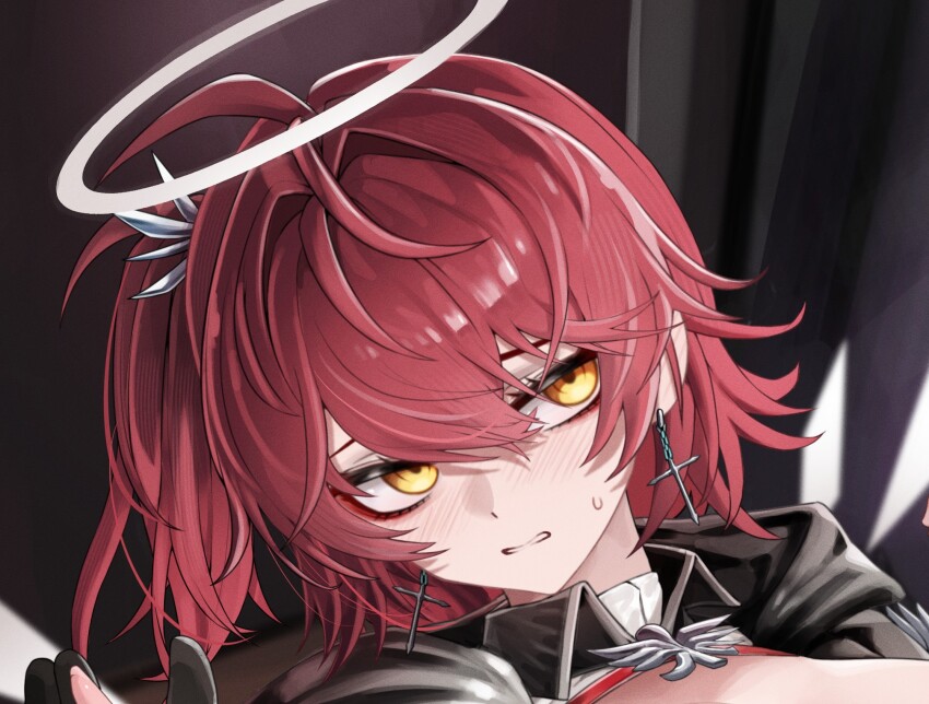 1girl 1other arknights artist_name black_gloves black_jacket breasts commentary cross cross_earrings doctor_(arknights) earrings energy_wings exusiai_(arknights) exusiai_the_new_covenant_(arknights) fingerless_gloves gloves halo highres holding_another&#039;s_wrist holding_hands hood hood_down hooded_jacket jacket jewelry medium_breasts mildt no_panties one_side_up open_clothes open_jacket paid_reward_available pelvic_curtain red_hair sweat thighhighs thighs three-quarter_sleeves traditional_halo white_halo white_thighhighs yellow_eyes