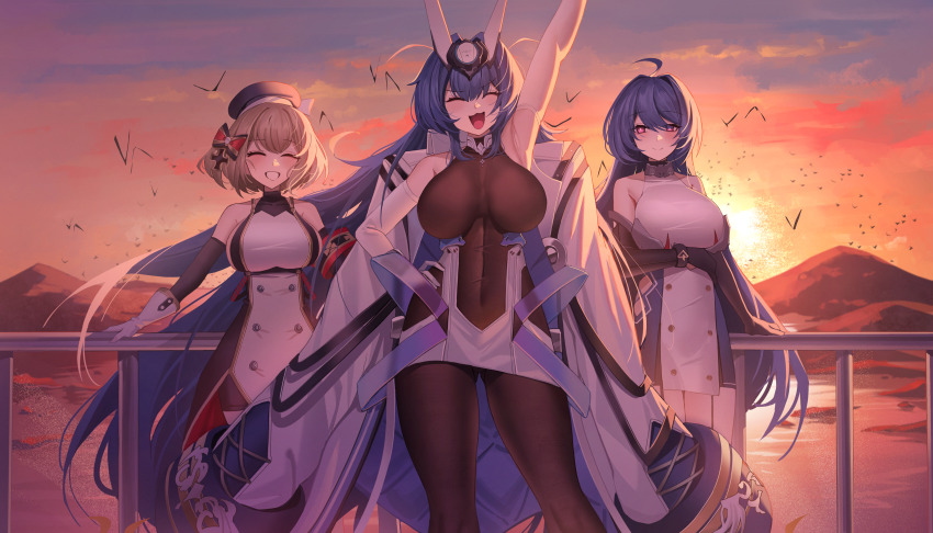 3girls :3 absurdly_long_hair absurdres ahoge arm_under_breasts arm_up armband armpits azur_lane bare_shoulders beret bike_shorts bird black_gloves black_headwear blonde_hair blue_hair blush bodystocking bow breasts buttons cleavage closed_eyes closed_mouth clothing_cutout cloud cloudy_sky coat coat_on_shoulders collarbone covered_collarbone covered_navel cowboy_shot cross double-breasted dress elbow_gloves gloves gluteal_fold gold_trim grin hair_between_eyes hair_bow hair_intakes hair_ornament hand_on_railing hat headgear helena_(azur_lane) helena_(retrofit)_(azur_lane) highres iron_cross jeze large_breasts long_hair looking_at_viewer mountainous_horizon multiple_girls new_jersey_(azur_lane) open_mouth outdoors purple_eyes railing see-through_clothes see-through_cleavage short_hair side_cutout sidelocks sky smile standing sunset taut_clothes taut_dress very_long_hair white_coat white_dress white_gloves z23_(azur_lane)