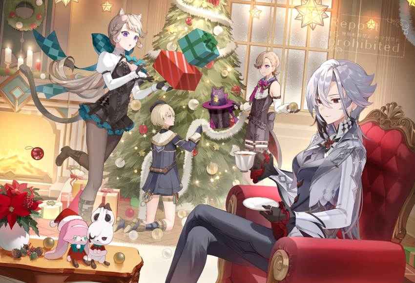 2boys 2girls absurdres animal_ears aqua_bow arlecchino_(genshin_impact) armchair black_eyes black_gloves black_hair black_hat black_leotard black_pants black_pantyhose blonde_hair blue_eyes boots bow box braid brother_and_sister cat_ears cat_girl cat_tail chair christmas christmas_ornaments christmas_tree coat crossed_legs cup decorating decorating_christmas_tree detached_sleeves doll earrings facial_mark fireplace freckles freminet_(genshin_impact) frilled_leotard frills genshin_impact gift gift_box gloves gradient_hair green_hair grey_coat grey_hair hair_between_eyes hat highres holding holding_cup holding_plate huge_bow indoors jewelry knee_boots kneehighs leotard long_hair long_sleeves lynette_(genshin_impact) lyney_(genshin_impact) multicolored_hair multiple_boys multiple_girls pants pantyhose pi_tayuko plant plate potted_plant purple_eyes red_pupils short_hair siblings slice_of_life smile snowing socks star_(symbol) star_facial_mark streaked_hair striped_clothes striped_socks symbol-shaped_pupils tail teardrop_facial_mark top_hat two-tone_gloves white_gloves window x-shaped_pupils