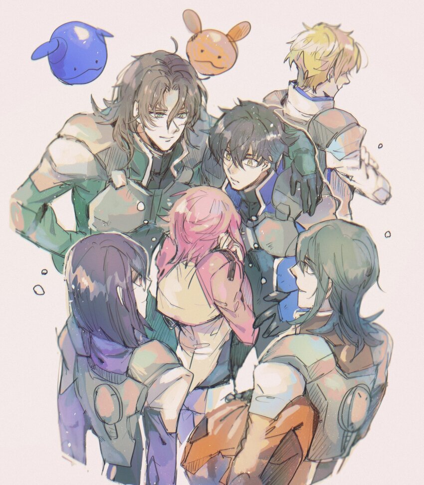 1girl 5boys allelujah_haptism black_hair blonde_hair brown_hair celestial_being_uniform feldt_grace glasses graham_aker gundam gundam_00 haro highres kare_(0621utak) lockon_stratos mecha_pilot_suit multiple_boys normal_suit_(gundam) pilot_suit pink_hair robot setsuna_f._seiei smile tears tieria_erde