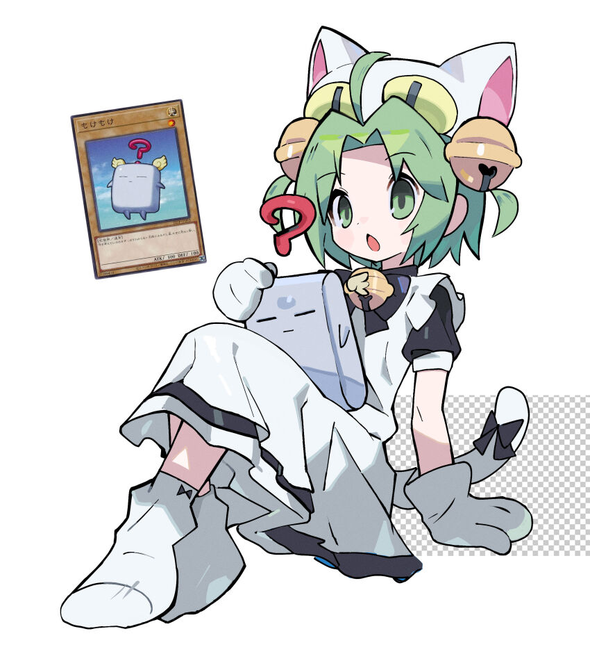 1girl absurdres apron arm_support bell black_dress commentary_request crossover dejiko di_gi_charat dress duel_monster full_body gloves green_eyes green_hair hair_bell hair_ornament highres mokey_mokey morizo_(morizoshop) neck_bell open_mouth sitting white_apron white_background white_footwear white_gloves yu-gi-oh!