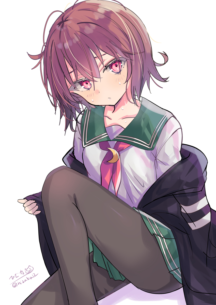 1girl absurdres artist_name black_jacket brown_hair collarbone crescent green_sailor_collar green_skirt highres hizaka jacket kantai_collection long_sleeves looking_at_viewer mutsuki_(kancolle) mutsuki_kai_ni_(kancolle) pantyhose pleated_skirt red_hair sailor_collar school_uniform serafuku short_hair sitting skirt smile solo sweatdrop twitter_username