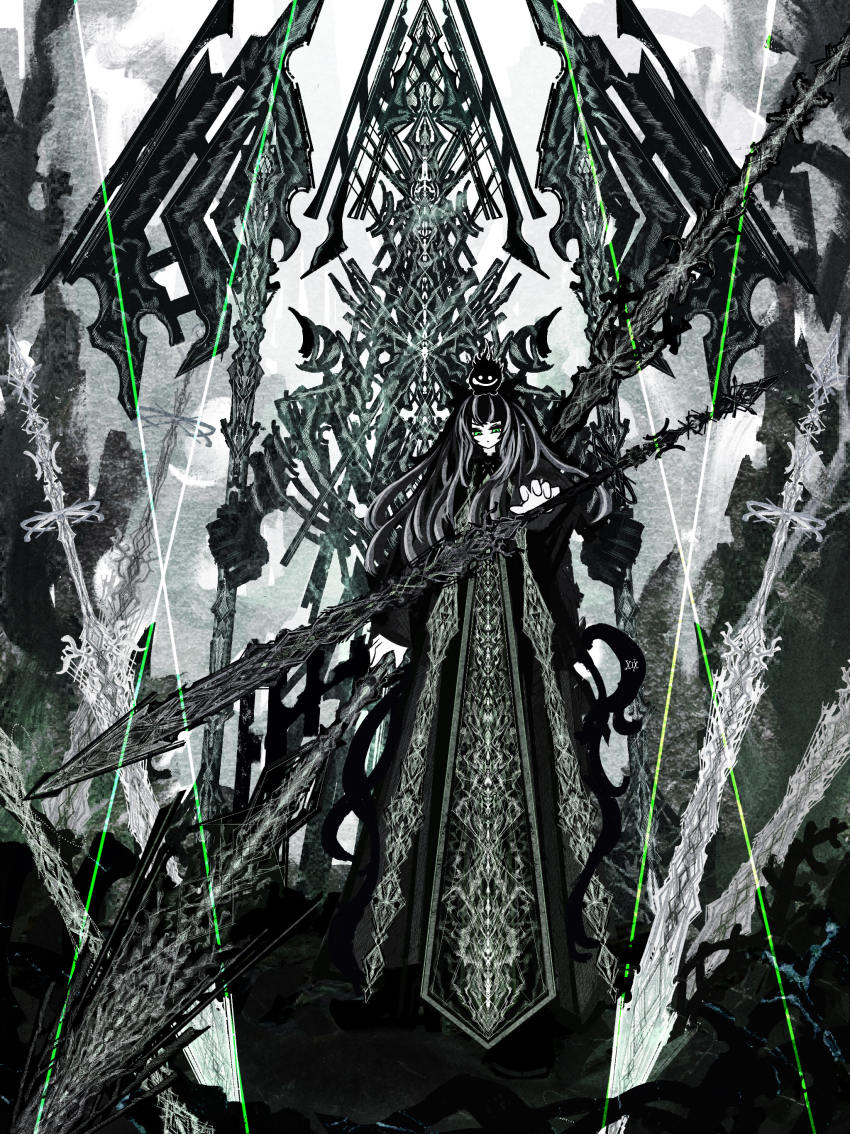 1girl absurdres animal animal_on_head black_hair floating floating_object floating_weapon full_body green_eyes highres holding holding_weapon huge_weapon long_hair multicolored_hair on_head original outstretched_arm riz_kira solo spot_color standing two-tone_hair weapon