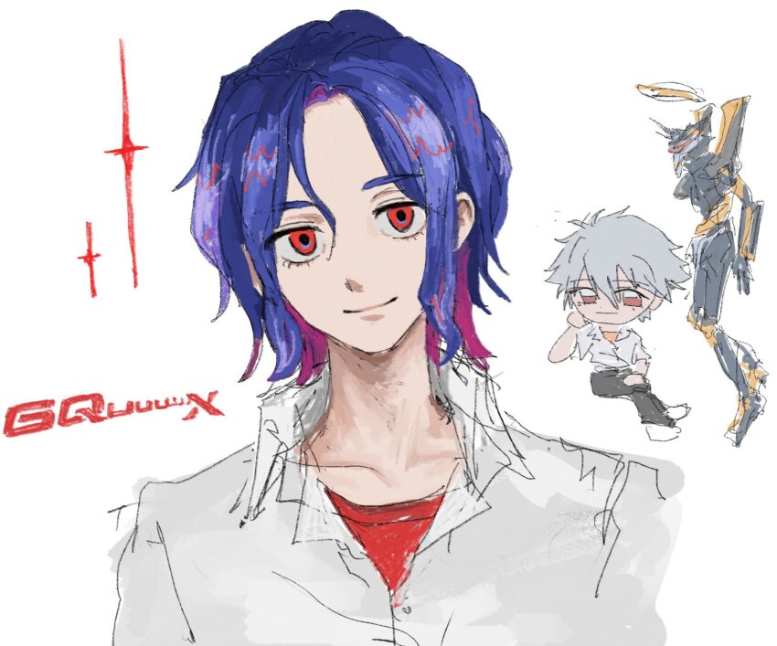 2boys blue_hair collared_shirt colored_inner_hair commentary copyright_name crossover deformed eva_06 gexpj grey_hair gundam gundam_gquuuuuux highres looking_at_viewer lower_eyelashes_only male_focus mecha multicolored_hair multiple_boys nagisa_kaworu neon_genesis_evangelion purple_hair red_eyes robot shirt short_hair shuji_ito simple_background smile symbol-only_commentary two-tone_hair white_background white_shirt