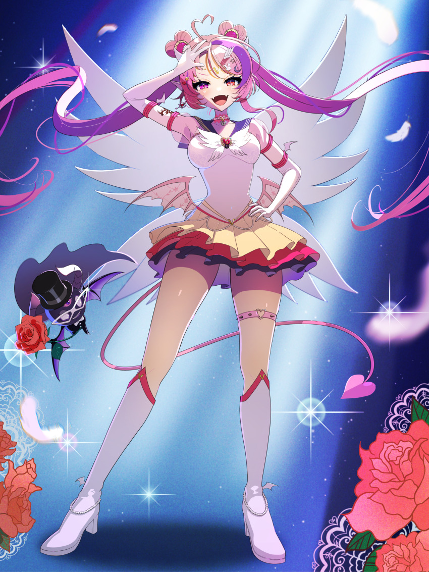1girl absurdres angel_wings bishoujo_senshi_sailor_moon blue_sailor_collar boots breasts bubi_(ironmouse) choker cosplay crescent crescent_hair_ornament demon_girl demon_tail demon_wings double_bun elbow_gloves gloves hair_bun hair_ornament hand_on_own_hip heart heart_hair_ornament heart_o-ring highres ironmouse large_breasts long_hair looking_at_viewer multicolored_hair multiple_wings o-ring o-ring_thigh_strap open_mouth pink_choker pink_hair purple_eyes purple_hair rabbit_hair_ornament red_eyes sailor_collar sailor_moon sailor_moon_(cosplay) sailor_senshi_uniform shirt skirt sleeveless sleeveless_shirt smile streaked_hair tail thigh_boots thigh_strap tuxedo_kamen tuxedo_kamen_(cosplay) twintails virtual_youtuber vshojo white_footwear white_gloves white_shirt wing_hair_ornament wings yellow_skirt yuarima2