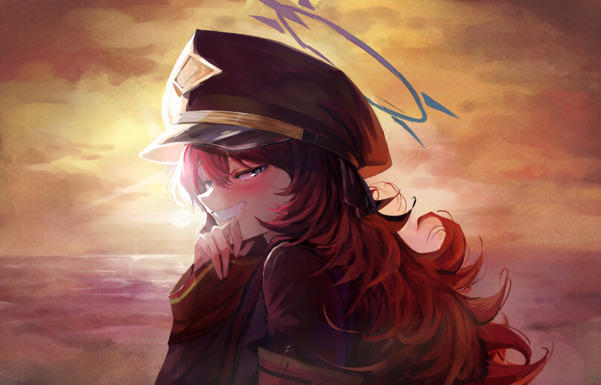 1girl absurdres armband black_hat black_shirt blue_archive blue_eyes blush fluffy_hair hand_on_own_chin hat highres iroha_(blue_archive) kongaru_123 looking_at_viewer necktie ocean orange_sky red_armband red_hair red_necktie shirt sky smug