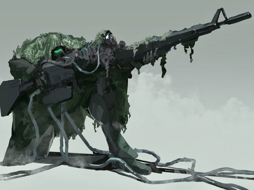 assault_visor cable commentary ghillie_suit glowing gm_sniper green_background gun gundam gundam_msv highres holding holding_gun holding_weapon mecha mobile_suit no_humans rintaro_komori robot science_fiction shadow sketch weapon