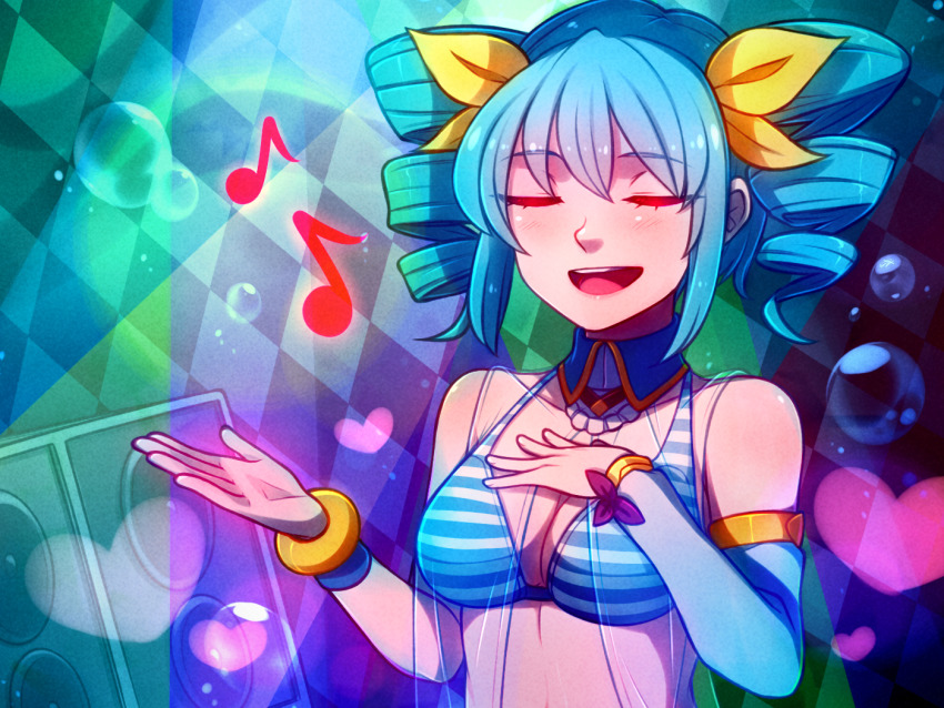 1girl :d air_bubble argyle_background argyle_clothes bare_shoulders bikini bikini_top_only blue_hair breasts bubble cleavage closed_eyes detached_sleeves drill_hair eyes_visible_through_hair female_focus hair_between_eyes hair_ribbon hand_on_own_chest heart medium_breasts medium_hair music musical_note open_mouth rabi-ribi ribbon seana_(rabi-ribi) see-through_clothes singing single_detached_sleeve smile solo speckticuls striped_bikini striped_bikini_top striped_clothes swimsuit underwater upper_body yellow_ribbon