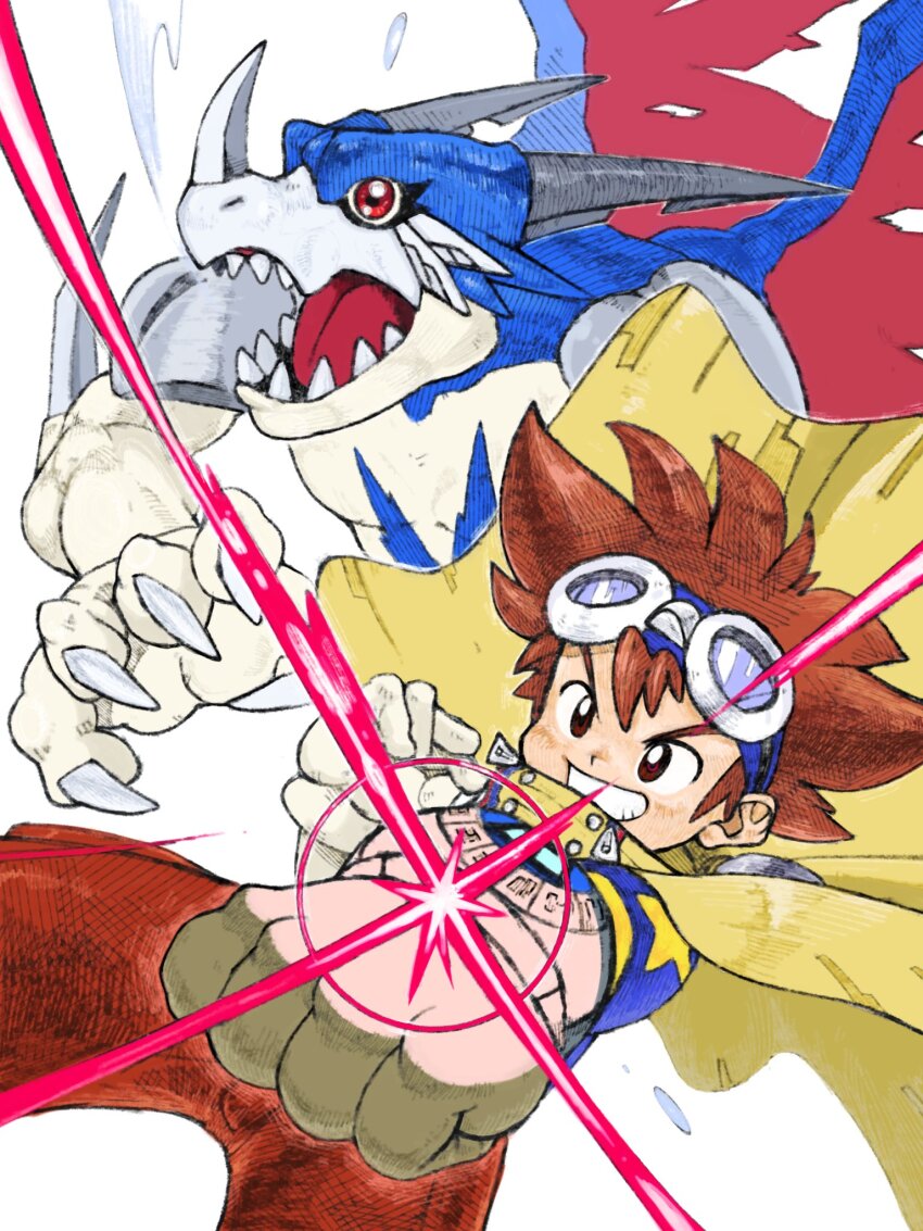 aerov-dramon analog_boy02 blue_shirt brown_eyes brown_hair brown_shorts cape claws digimoji digimon digimon_adventure_v-tamer_01 digivice dragon goggles goggles_on_head highres horns red_eyes shirt shorts yagami_taichi_(digimon_adventure_v-tamer_01) yellow_cape zeromaru_(digimon)