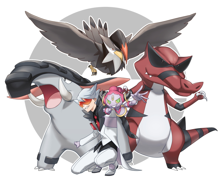 1boy black_shirt coat commentary_request donphan fur-trimmed_coat fur_trim gen_2_pokemon gen_4_pokemon gen_5_pokemon gen_6_pokemon gloves grin highres hoopa hoopa_(confined) krookodile lear_(pokemon) legendary_pokemon long_sleeves male_focus mythical_pokemon necktie nintendo on_one_knee outstretched_arm pants pokemon pokemon_(creature) pokemon_masters_ex purple_gloves red-tinted_eyewear red_necktie shirt shoes smile spiked_hair staraptor sunglasses teeth tinted_eyewear white_coat white_footwear white_pants yuusya27