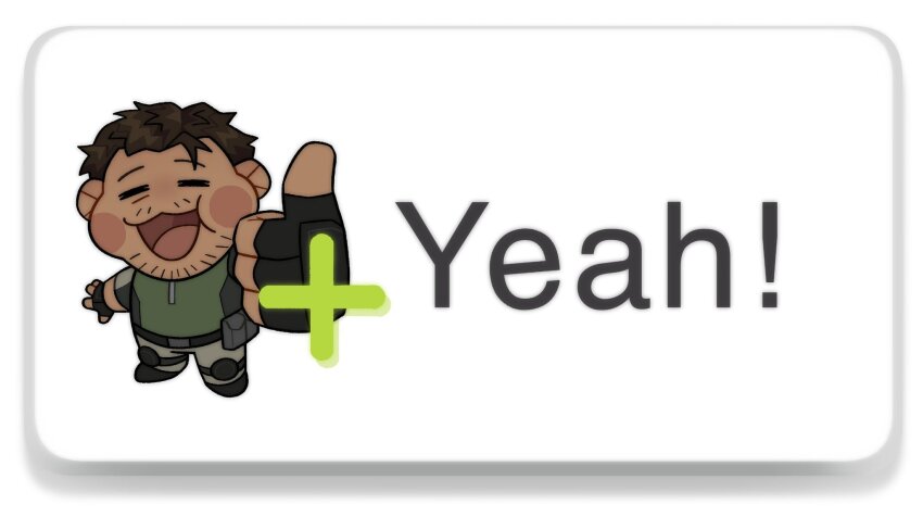 1boy beard_stubble chibi chibi_only chris_redfield english_text facial_hair hand_up highres koreyexe male_focus meme miiverse_yeah!_(meme) plus_sign resident_evil simple_background smile solo stubble thumbs_up