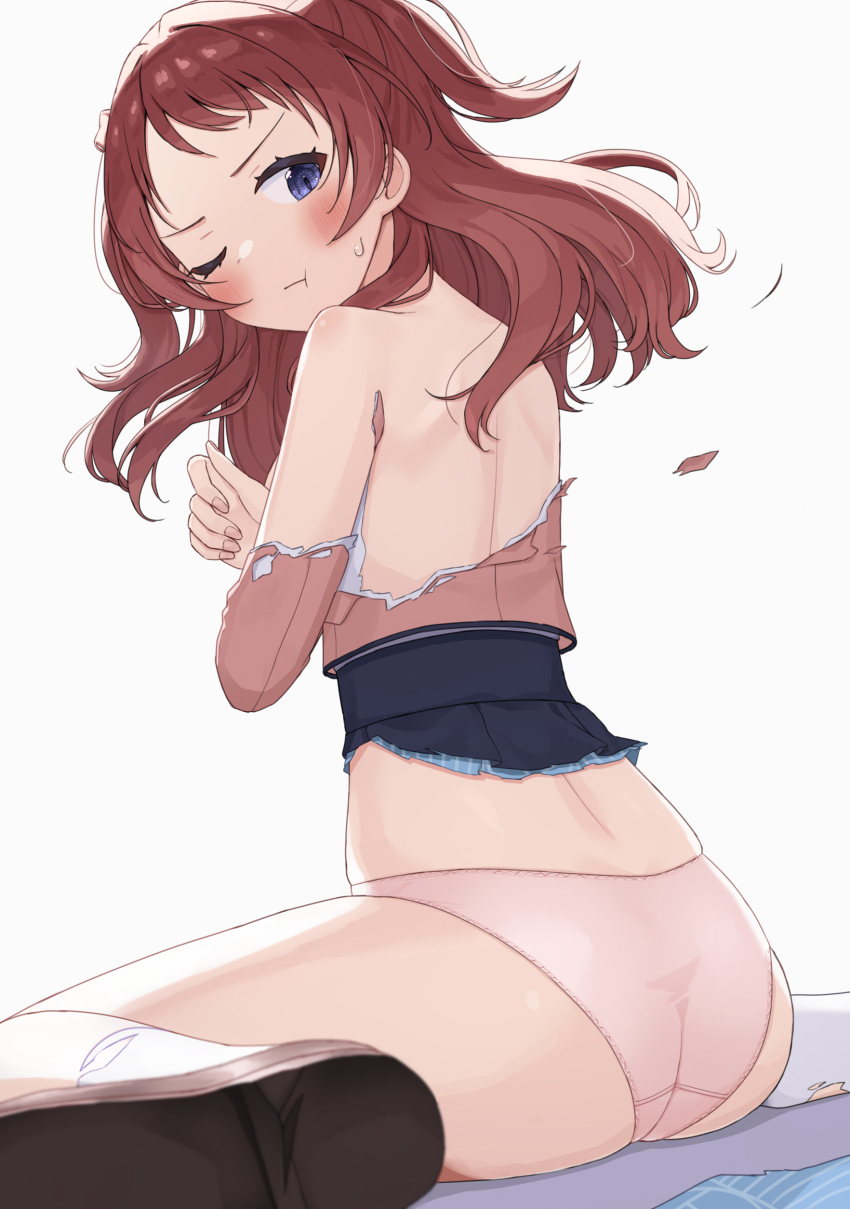 1girl absurdres asigaru3000 ass blue_eyes blue_overskirt blush brown_hair covering_chest covering_privates cropped_jacket from_behind from_side gakuen_idolmaster hanami_saki hatsuboshi_gakuen_school_uniform highres idolmaster jacket loafers medium_hair one_eye_closed panties pink_jacket pink_panties pout school_uniform shoes sitting skirt solo torn_clothes torn_jacket torn_skirt two_side_up underwear wariza