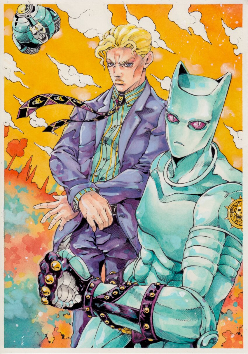 1boy 2others abs absurdres animal_ears argyle_clothes argyle_necktie black_gloves black_necktie blonde_hair cat_ears cloud cloudy_sky colored_sclera colored_skin crossed_arms diamond_wa_kudakenai formal_clothes gloves green_shirt green_skin highres jacket jojo_no_kimyou_na_bouken killer_queen kira_yoshikage looking_at_viewer male_focus multiple_others necktie open_clothes open_jacket painting_(medium) pants pink_sclera purple_eyes purple_necktie purple_pants purple_suit sheer_heart_attack shirt sky slit_pupils stand_(jojo) striped_clothes striped_shirt suit traditional_media upper_body watercolor_(medium) xfkart yellow_shirt yellow_sky